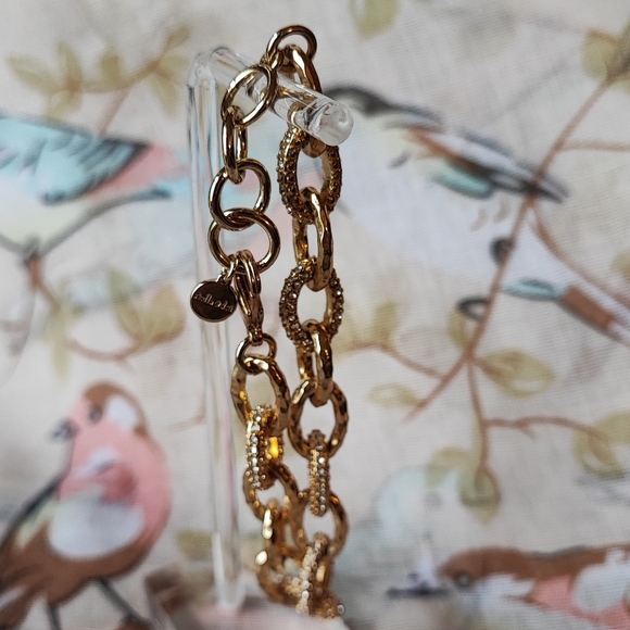 Stella and Dot Shiny Gold Tone Rhinestone Encrusted and Hammered Link Bracelet - Picture 3 of 6